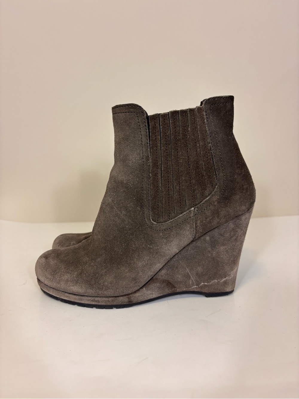 Prada Suede High Heel Wedge Ankle Booties - Taupe Gray 6.5
